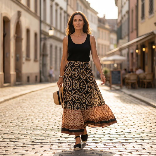 Jupe longue bohème à imprimé tribal baroque en noir